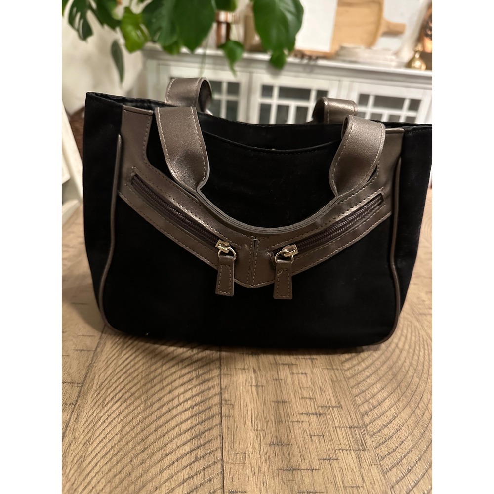 Vintage Y2K Black Suede Mini Tote‎ - Metallic Pewter Trim & Moto Zipper - Picture 3 of 5
